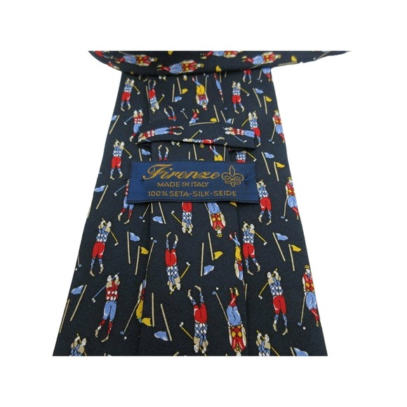Firense Men's Italian Silk Necktie Black Multi Golf Players Flags Italy - Picture 3 of 3